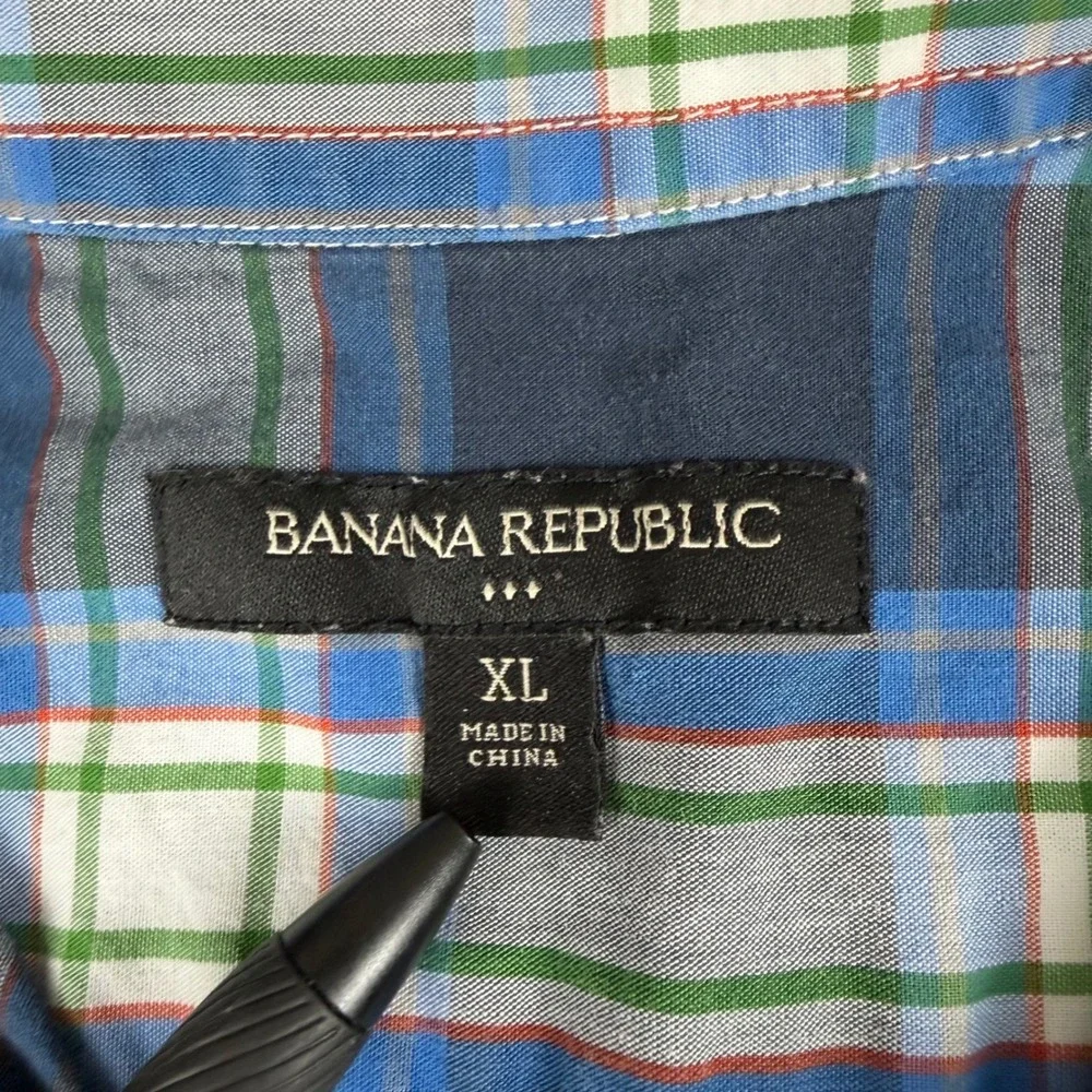 Banana Republic Mens XL‎ Blue Green Plaid Short Sleeve Button Down Shirt